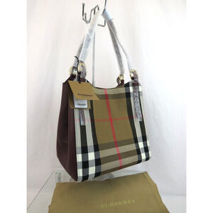 BURBERRY CANTERBY BUGRUNDY LEATHER HOUSE CHECK CANVAS SHOULDER SMALL TOTE BAG